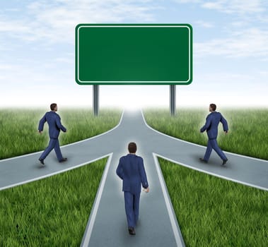 Teamwork with blank road sign mergers and partnerships converging on the same road as a team sharing the same strategy and vision for the success of a company by working together represented by three roads merging together into one.