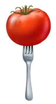 Health food showing a natural organic  juicy red tomato with a silver metal fork in it to represent healthy eating and vegetarian or dieting lifestyle.