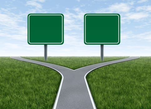 Two options with blank road signs facing a challenging decision symbol represented by a forked road for turning in the direction that is chosen after facing the difficult dilemma.