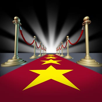 Hollywood red carpet with stars for a cinema premier and grand opening for movie stars with brass dividers and glowing light burst.