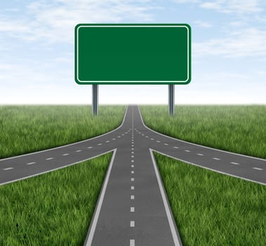 Teamwork and partnerships converging on the same road as a connected team sharing the same strategy and vision for the success of a company by working together as a conglomerate represented by three roads merging together into one with a blank highway sig