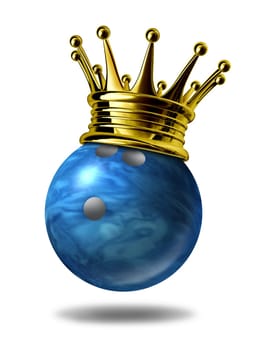 Bowling king champion symbol represented by a golden crown on a blue plastic marble bowling ball for bowlers representing the winning of a tournament or game at a bowling alley due to many strikes of the pins..