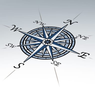 Compass rose in perspective on white background representing a cartography positioning direction symbol for navigation and setting a chart for exploration to the north south east or west.