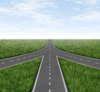 Connected and partnerships converging on the same road as a team sharing the same strategy and vision for the success of a company by working together as a conglomerate represented by three roads merging together into one with a sky and grass horizon.