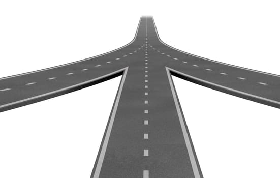 Mergers and partnerships converging on the same road as a team sharing the same strategy and vision for the success of a company by working together as a conglomerate represented by three roads merging together into one.
