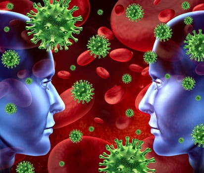 Contagious viral disease in the blood symbol representing a medical health concept of bacterial transfer and spread of infections from human transfusions showing two human heads face to face.