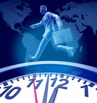 Business deadlines urgency clock symbol with a wall timer representing the stress of urgent time constraints in corporate circles delivering jbs and projects and family appointments represented by a running business man with a suit case.