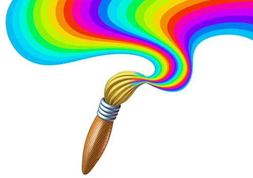 Art brush rainbow paint stroke featuring a paintbrush with a splash at the tip of the bristles splashing in a swirl of multi colors shape representing the concept of creativity and educational arts and crafts for children and artist school students.