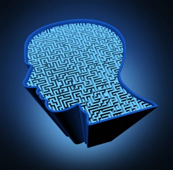 Human brain disease and intelligence puzzle with a blue glowing maze and labyrinth in the shape of a human head as a symbol of the complexity of brain thinking as a challenging problem to solve by medical doctors.