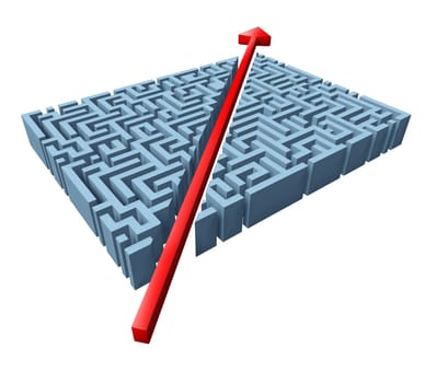 Thinking outside the box represented by a red arrow cutting through a complicated maze as a shortcut solving a problem with an innovative simple solution and strategy isolated on white.
