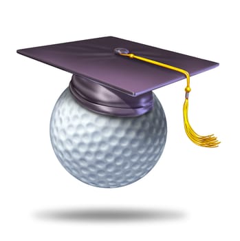 Golf training school by professionalsas a symbol of learning the skills of the sport of golf by a golf pro represented by a mortar hat or graduation cap on a ball showing the certification of a student for the completion of the course.