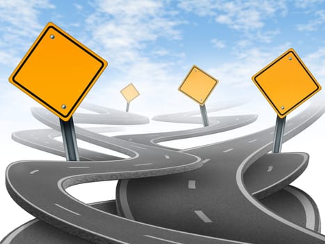 Directions and confusion representing dilemma and concept of choosing the right strategic path for business after planning your future represented by blank yellow traffic signs tangled roads and highways in a confused direction.