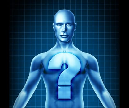 Medical diagnosis and the uncertainty of a doctors hospital report on the symptoms of an unknown human patient disease or illness represented bu a question mark in the body of a human.