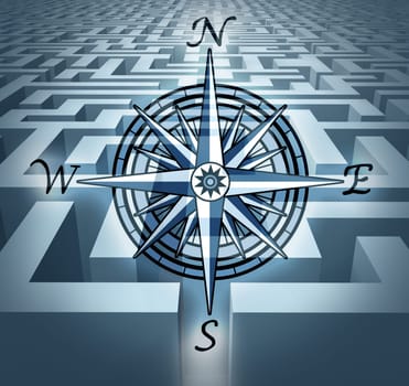 Navigating through challenges represented by a labyrinth maze  in 3D with a compass rose symbol showing the concept of business problem solving and solution oriented strategy and planning.