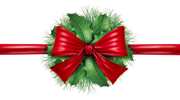 Red silk bow with pine border and circular ornamental holiday decoration for Christmas festive winter celebration on a white background.