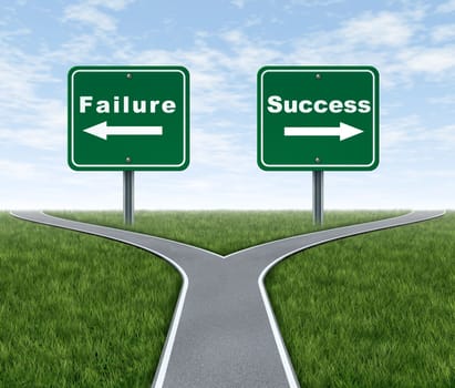 Success and failure symbol represented by a forked road with a road sign representing Failing and another successfulness with arrows for turning in the direction that is chosen after facing the difficult dilemma.