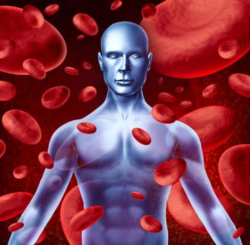 Human blood circulation symbol with red blood cells flowing through veins pumped by the heart muscles and patient circulatory system representing a medical health care symbol.