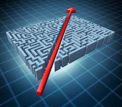 Thinking outside the box represented by a red arrow cutting through a complicated maze as a shortcut solving a problem with an innovative simple solution and strategy.