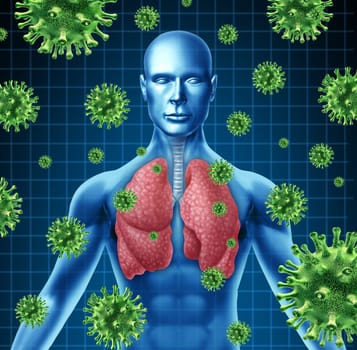 Lung infection represented by a human with x-ray image of the lungs and body with virus cells attacking the patient to a state of dangerous respiratory illness.