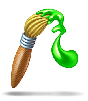 Paintbrush with glossy green paint splash at the tip of the bristles splashing in a swirl shape representing the concept of creativity and arts and crafts for children and school students.