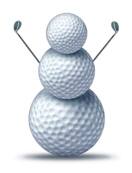 Winter golf symbol represented by golf balls placed to look like a snow man or snowman holding driver golf clubs showing winter holiday activities for seasonal sports leisure vacation at a resort.