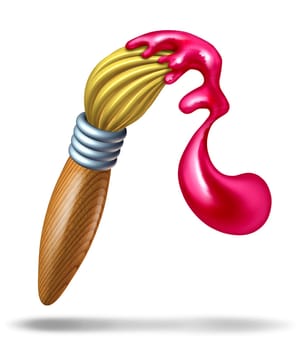 Paintbrush with glossy red paint splash at the tip of the bristles splashing in a swirl shape representing the concept of creativity and arts and crafts for children and school students.