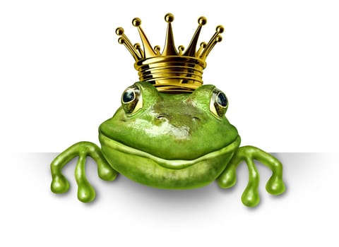 Frog prince with small gold crown holding a blank sign representing the fairy tale concept of change and transformation from an amphibian to royalty.