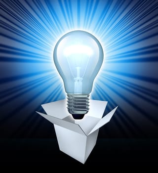 Thinking out of the box symbol featuring a glowing lightbulb with an opened white box representing the concept of finding solutions with creative leadership and creativity and innovation in business.