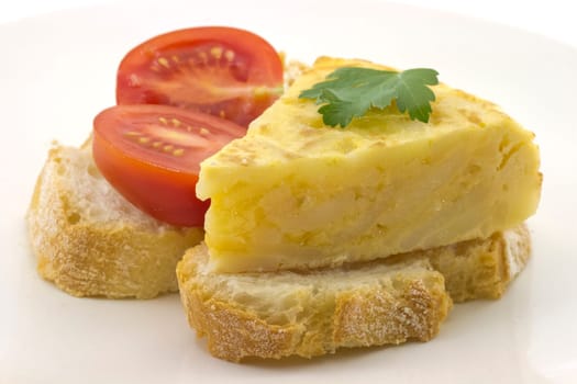 skewer Spanish omelette, top gift parsley leaf, white background