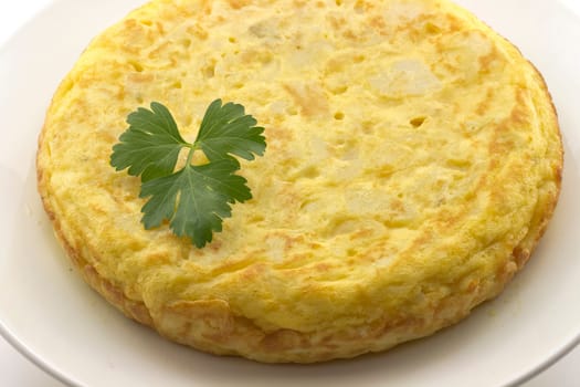 Spanish omelette with potatoes, parsley leaf gift auction, white background