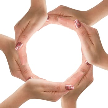 Woman&#039 s hands made circle on white background