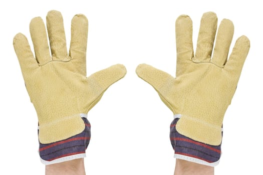 two hands with work gloves. isolated on a white background