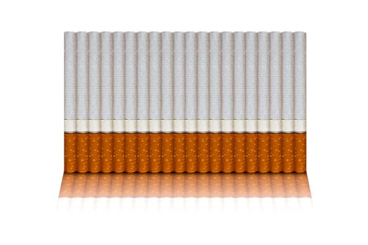 row of twenty cigarettes isolated on white background