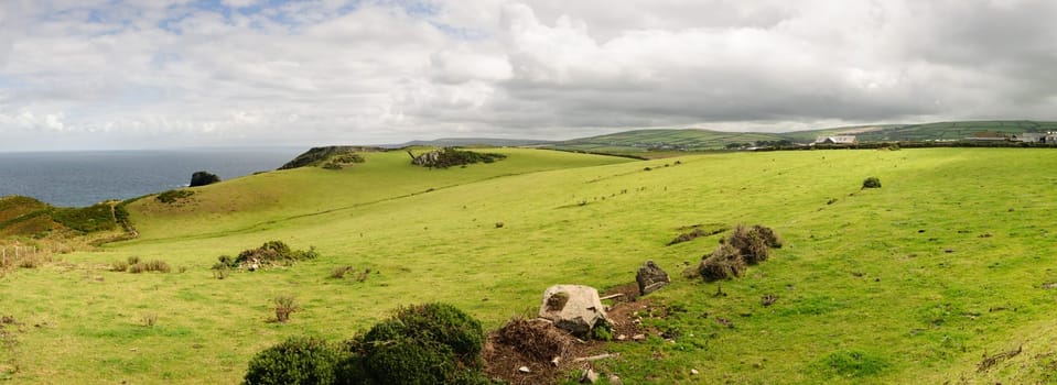 panoramic with meadows in Tintagel in Cornwall