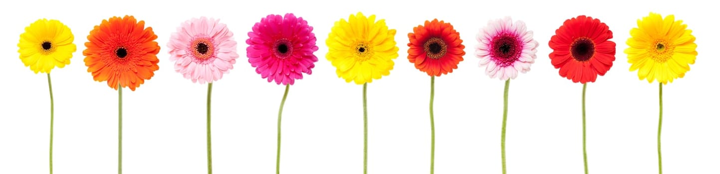 Gerberas,collection in front of white background,flower in different colors