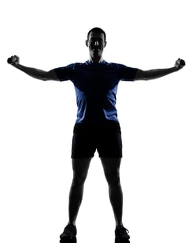 man exercising workout fitness aerobics posture in silhouette studio isolated on white background