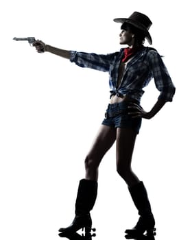one woman cowgirl  shooting gun revolver studio isolated on white background
