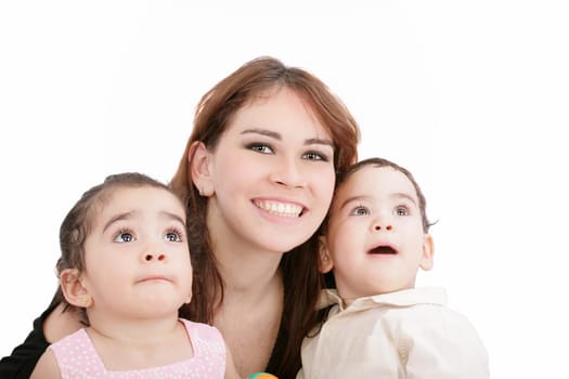 children with mother on white background