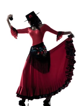 one woman gypsy flamenco dancing dancer on studio isolated white background