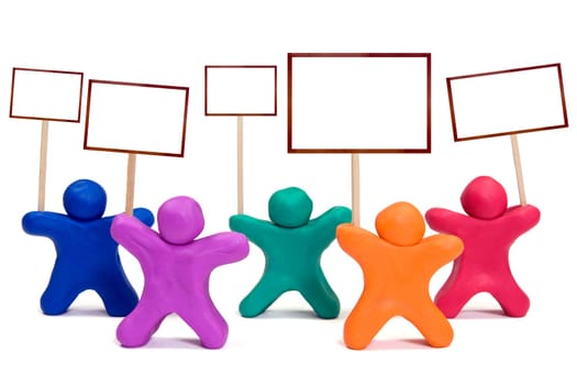 plasticine people with blank posters for your text