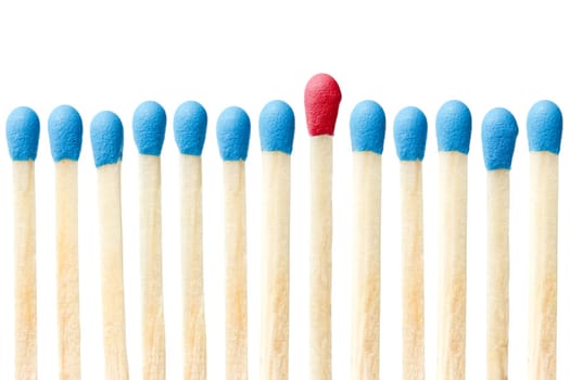 blue matches and one red match  on a white background