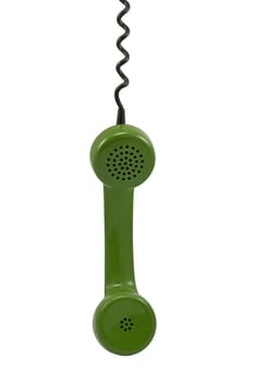 green telephone receiver with cord on white background