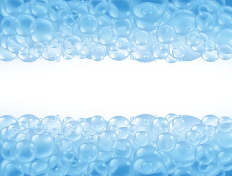 Bath bubbles frame and transparent bathing soap sud  bubble composition  with blank area in the middle for text with bunch of foam natural suds in many circular sizes in the air floating as clean blue symbols of washing and freshness.