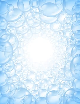 Bubbles background in perspective with center glow and transparent bath soap suds with bunch of foam spheres in many circular sizes floating as clean blue symbols of washing and bath freshness.