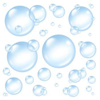 Bubbles and transparent soap sud  bubble composition with a soap suds in many circular sizes in the air floating as clean blue symbols of washing and freshness.