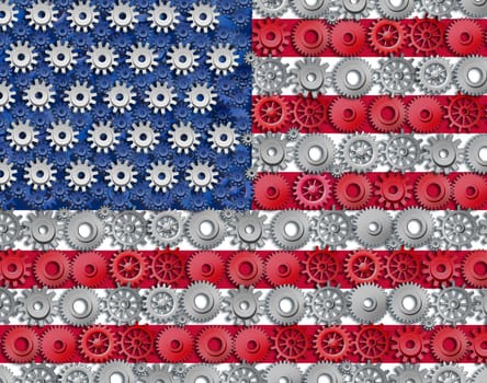 American economy symbol represented by gears and cogs in the shape and color of the flag of the U.S.A. showing industry business and manufacturing working together as a team in the continental U.S.