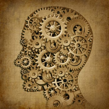 Human brain intelligence grunge machine medical symbol with old texture made of cogs and gears representing strategy and psychological mental neurological activity.