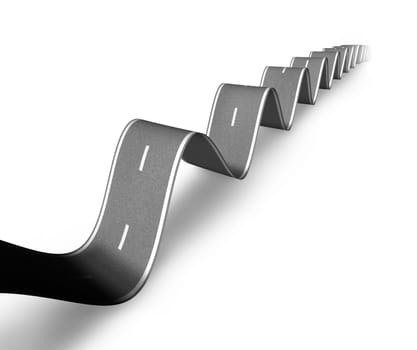 Bumpy road and tough times ahead symbol with a wavy hilly road curving up and down showing the concept of market fluctuations and a rough road to economic recovery on a white background and shadow.