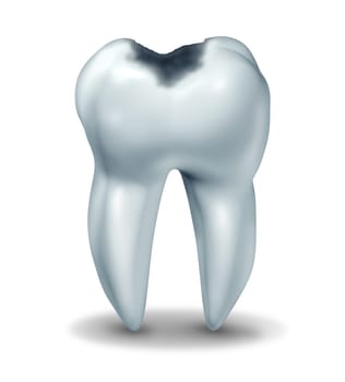 Tooth cavity symbol showing the medical anatomy of teeth with a cavity in decay due to bacteria and acids in oral health care showing rotting and oral disease due to lack of brushing flossing.