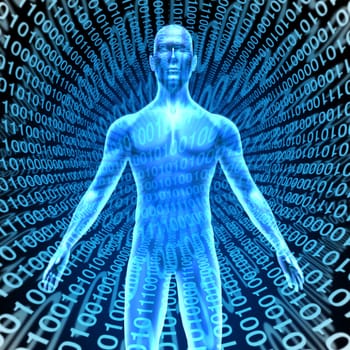 Artificial intelligence showing a human in Cyberspace with digital binary code background representing the high tech computing technology that thinks and has brain function like man like talking robot smart phones and computers.